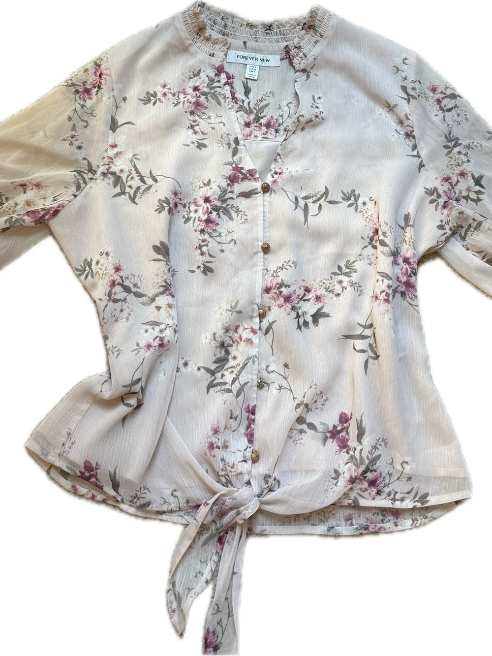 ✨Forever New Cream Floral Tie-Front Blouse with Pink Accents EUC